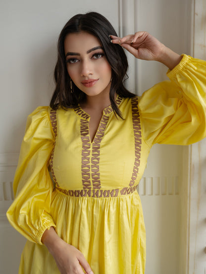 Yellow Embroidered Short Dress
