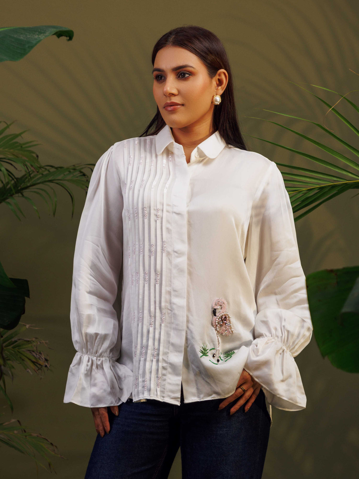 White Embroidered Ruffle Sleeve Shirt