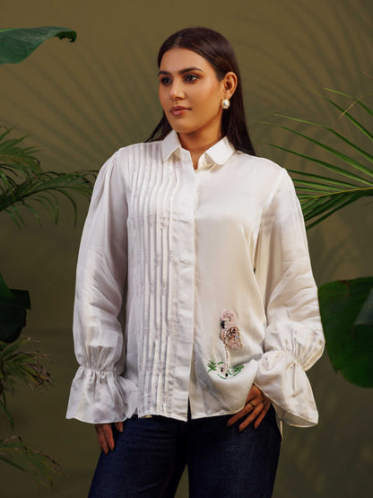 White Embroidered Ruffle Sleeve Shirt