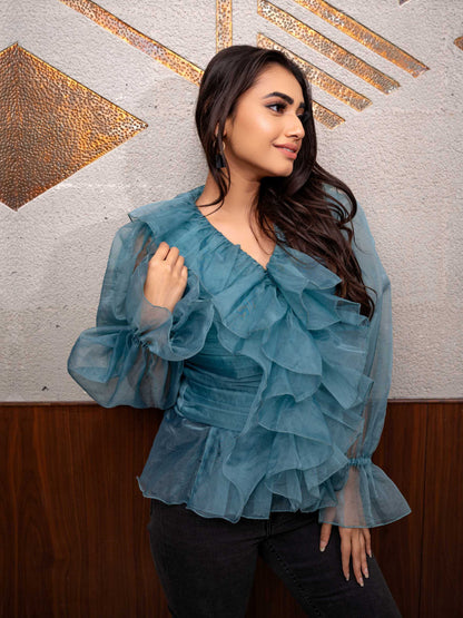 Teal Ruffle Top
