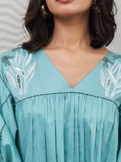 Sea Green Cotton Embroidered Short Dress