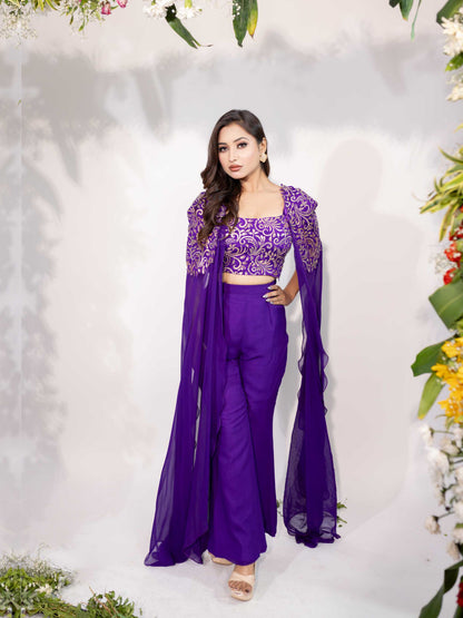Dark Purple Cape Sleeves Pant Set