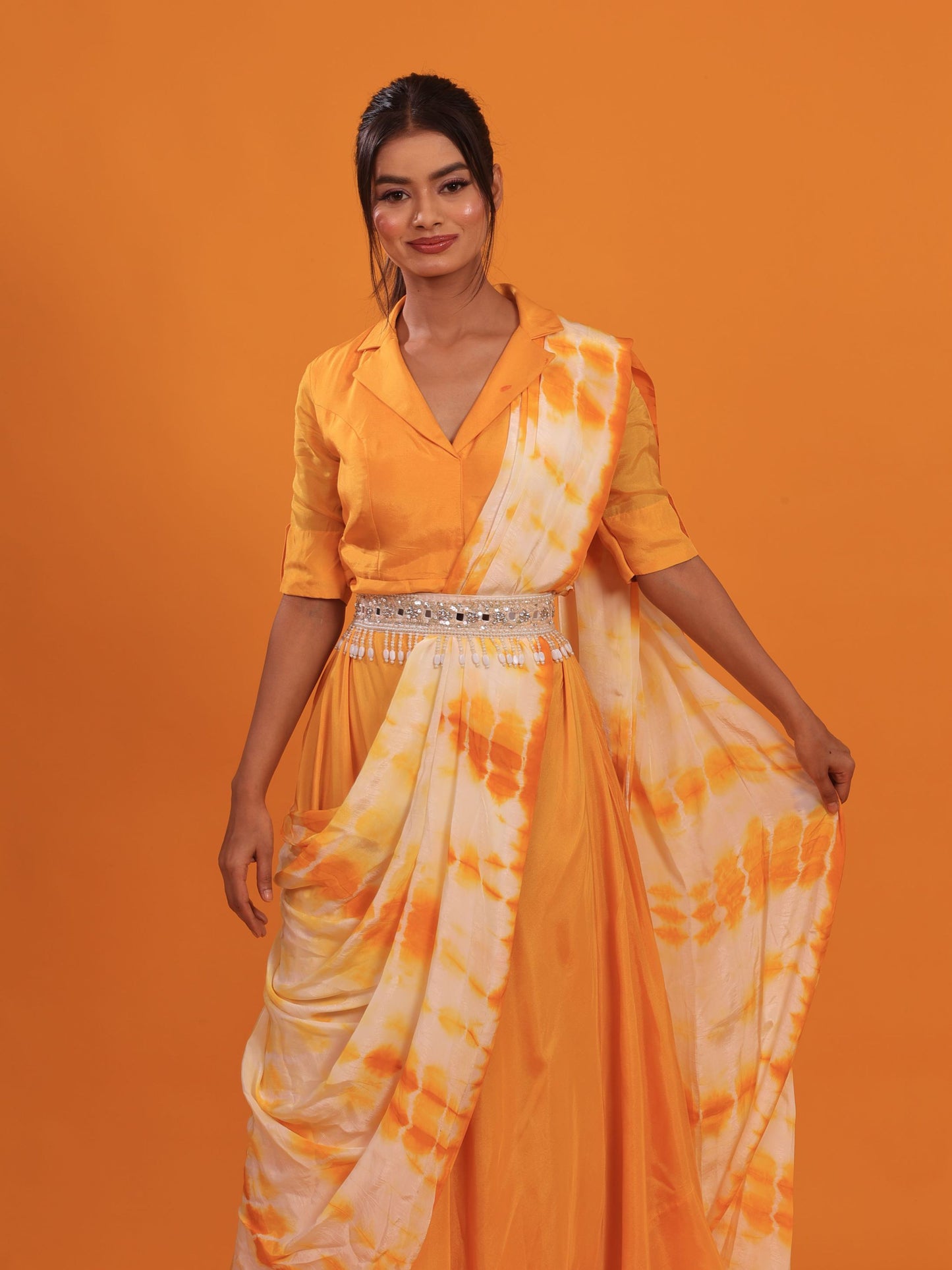 Yellow Tie-Dye Drape Gown With Belt