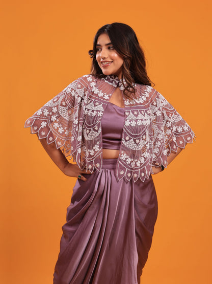 Lavender Dhoti  Set With Embellished Cape