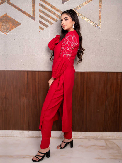 Pink Cotton Embellished Sleeves Kurta Set