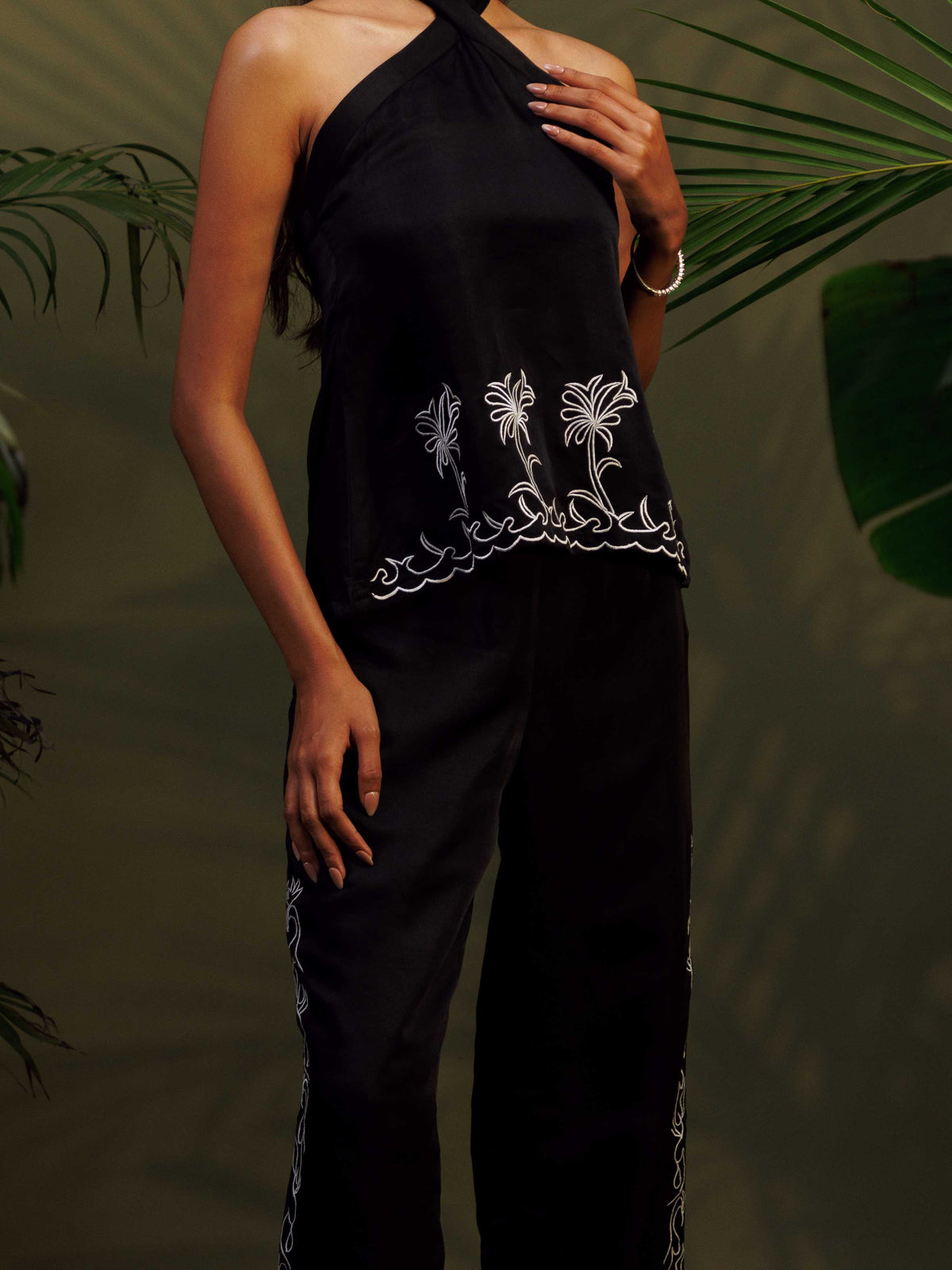 Black Embroidered Halter Co-ord Set