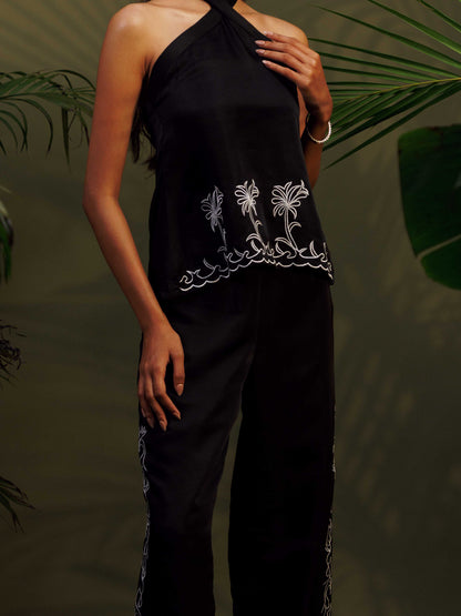 Black Embroidered Halter Co-ord Set