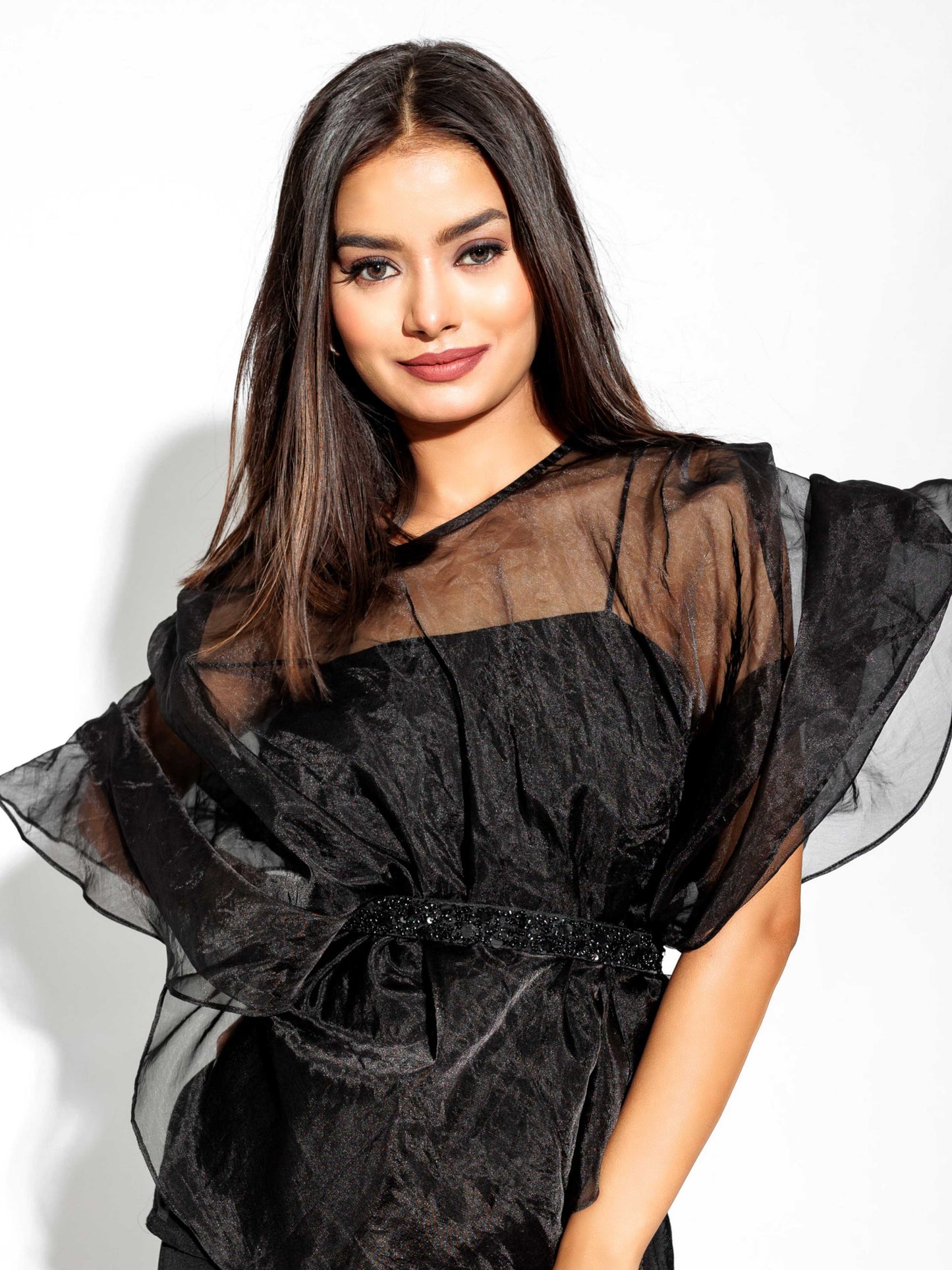 Black Cape Top Cord Set With Embroidered Belt.