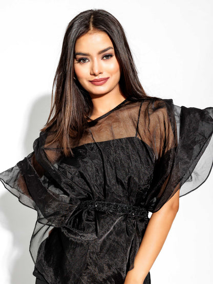 Black Cape Top Cord Set With Embroidered Belt.