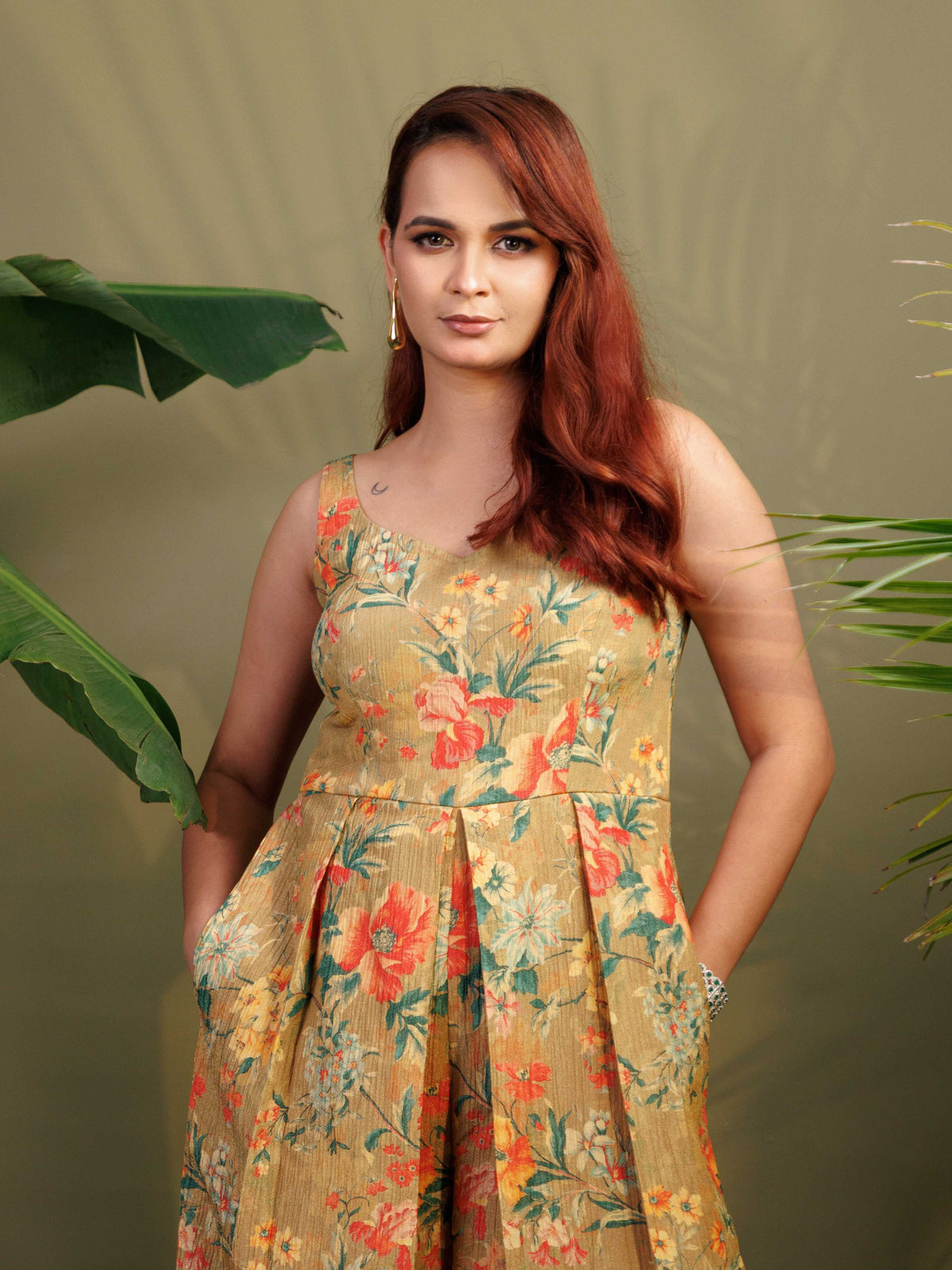 Mustard Floral Flared Dress