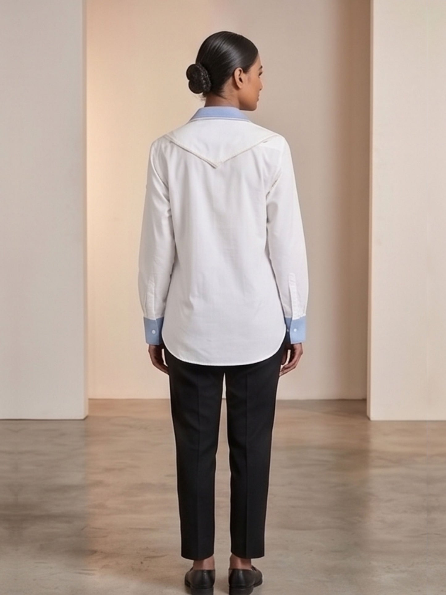 Denim Collar Pearl Work Cotton Shirt