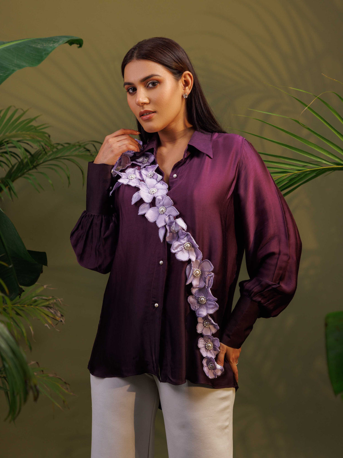 Wine Floral Embellished Shirt