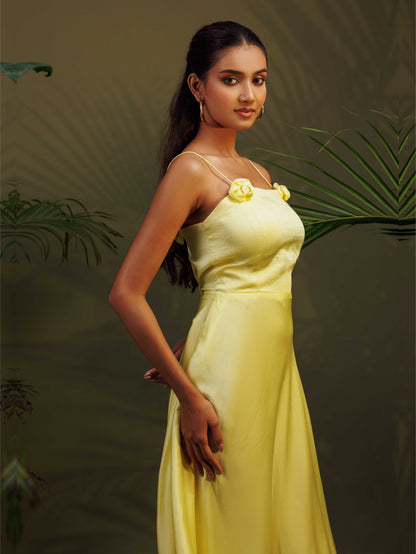 Pastel Yellow Satin Midi Dress
