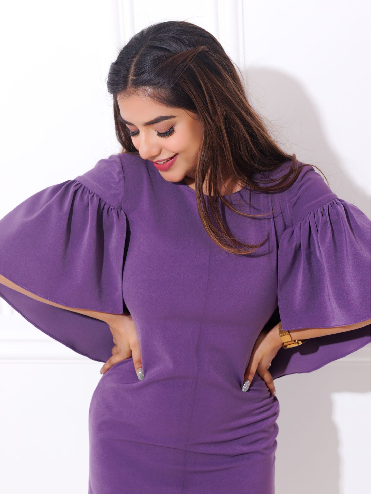 Purple Cape Sleeve Short Dress
