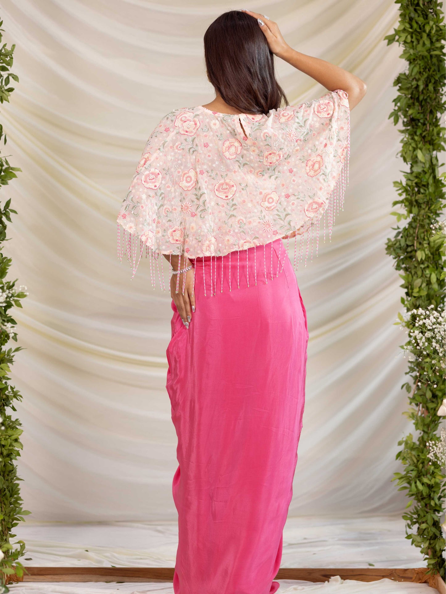 Pink Multi Embroidered Drape Skirt Set