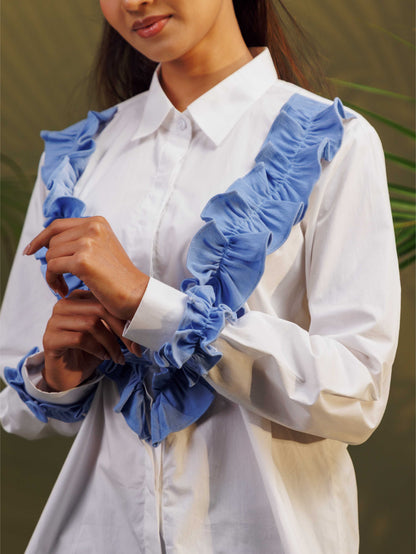 White Shirt with Blue Ruffle Detail