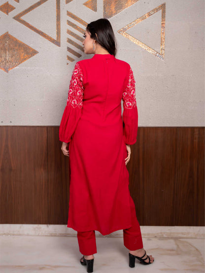 Pink Cotton Embellished Sleeves Kurta Set