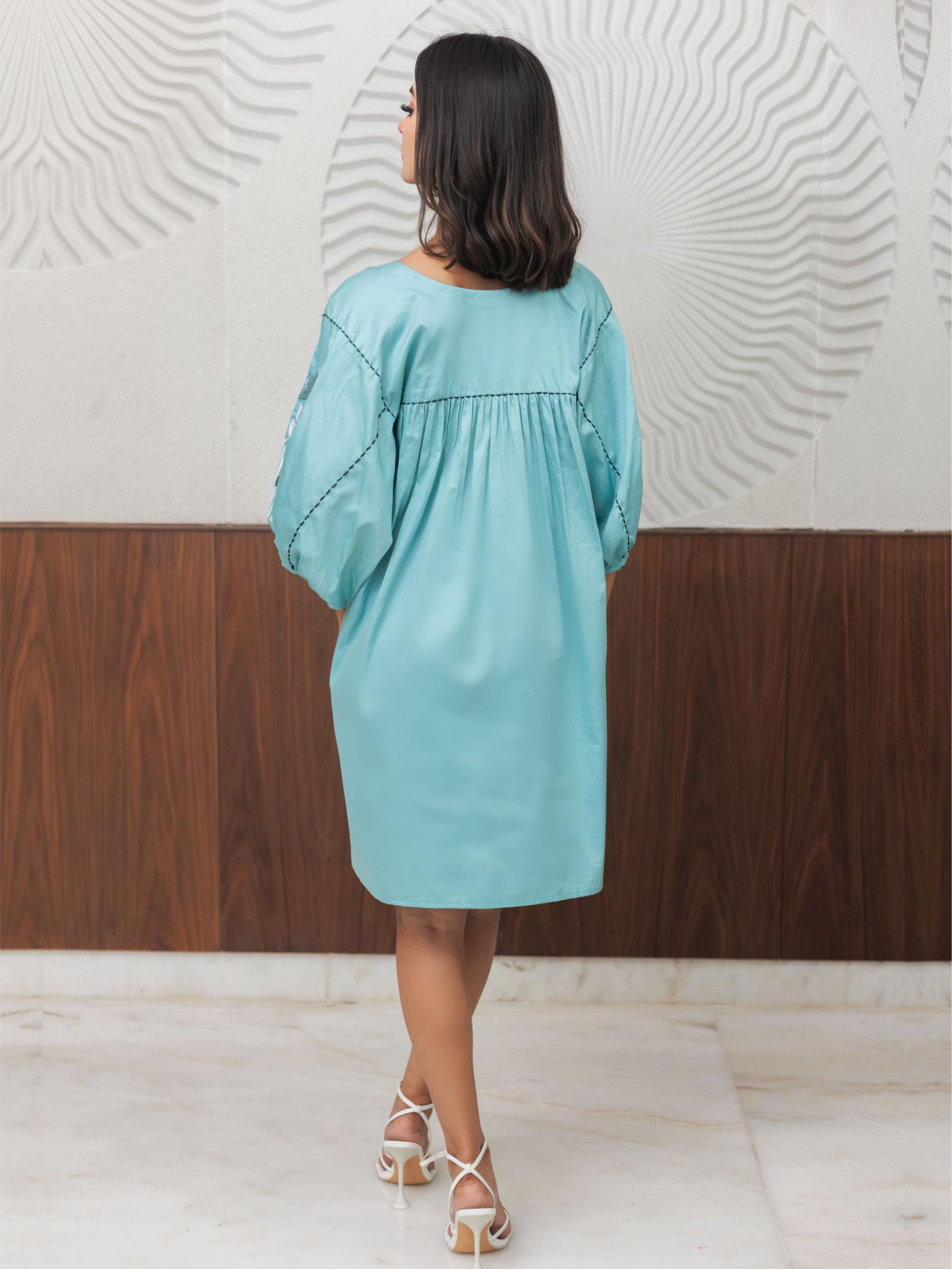 Sea Green Cotton Embroidered Short Dress