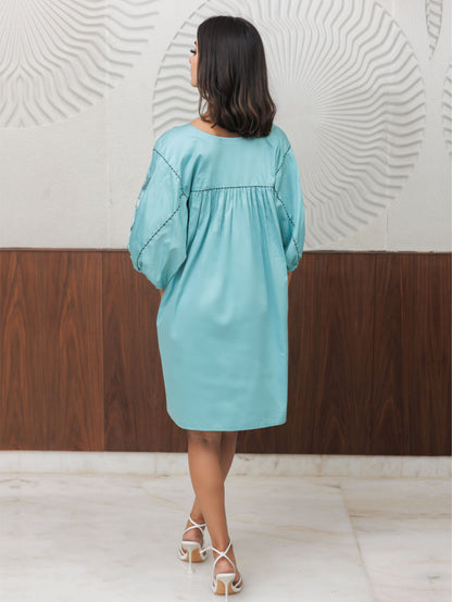 Sea Green Cotton Embroidered Short Dress