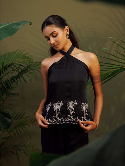 Black Embroidered Halter Co-ord Set
