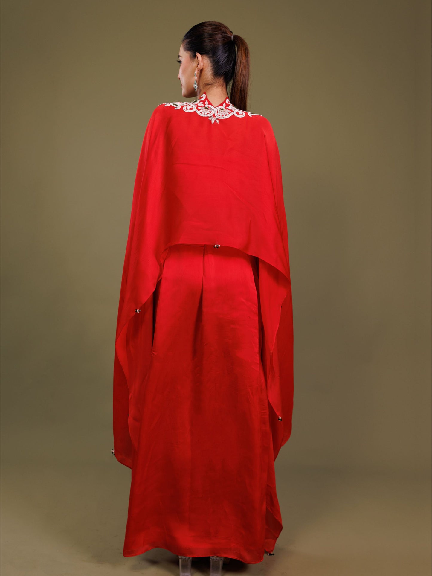 Red Organza Embroidered Cape Skirt Set