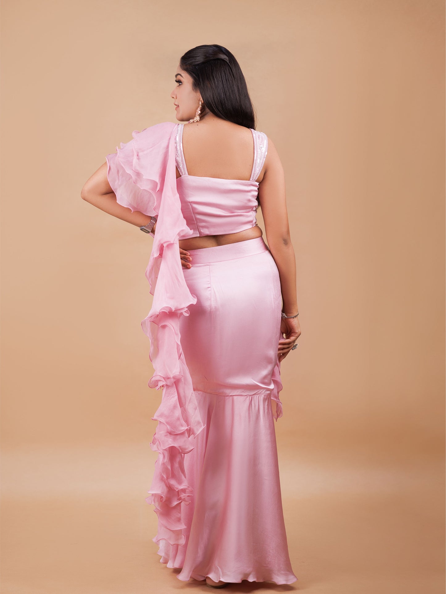 Pink Pre Draped Fish Cut Indo Western