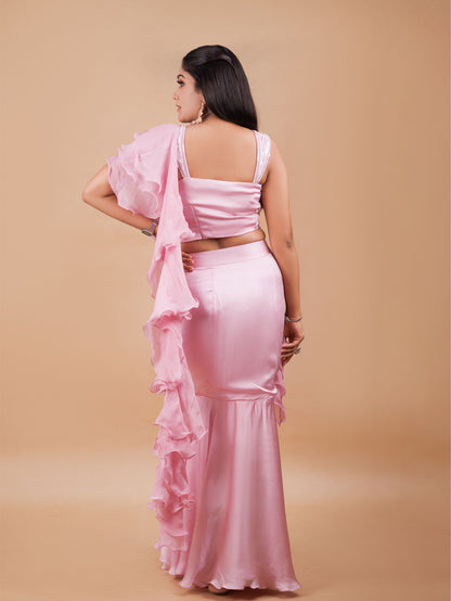 Pink Pre Draped Fish Cut Indo Western