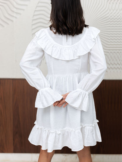 White Short Dress With Frilled Yoke