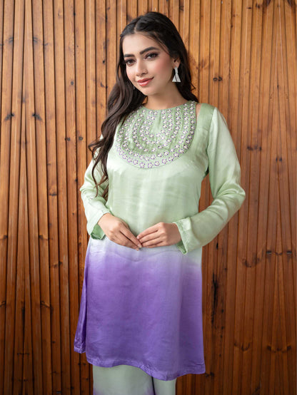 Green Lavender Flow Dye Kurta Set