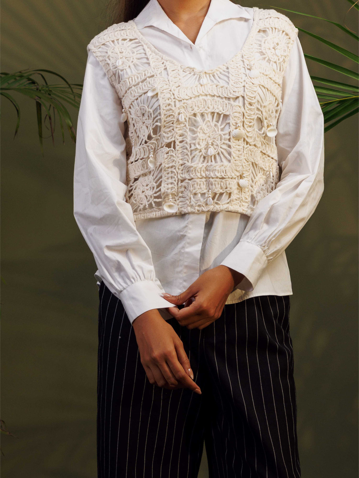 White Shirt with Crochet Vest