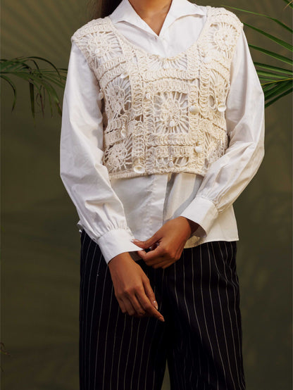 White Shirt with Crochet Vest