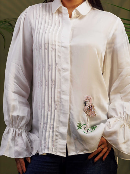 White Embroidered Ruffle Sleeve Shirt
