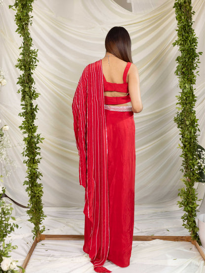 Red Skirt with Drape Blouse