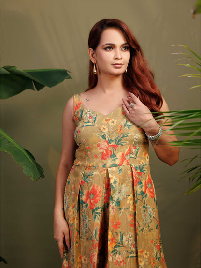Mustard Floral Flared Dress