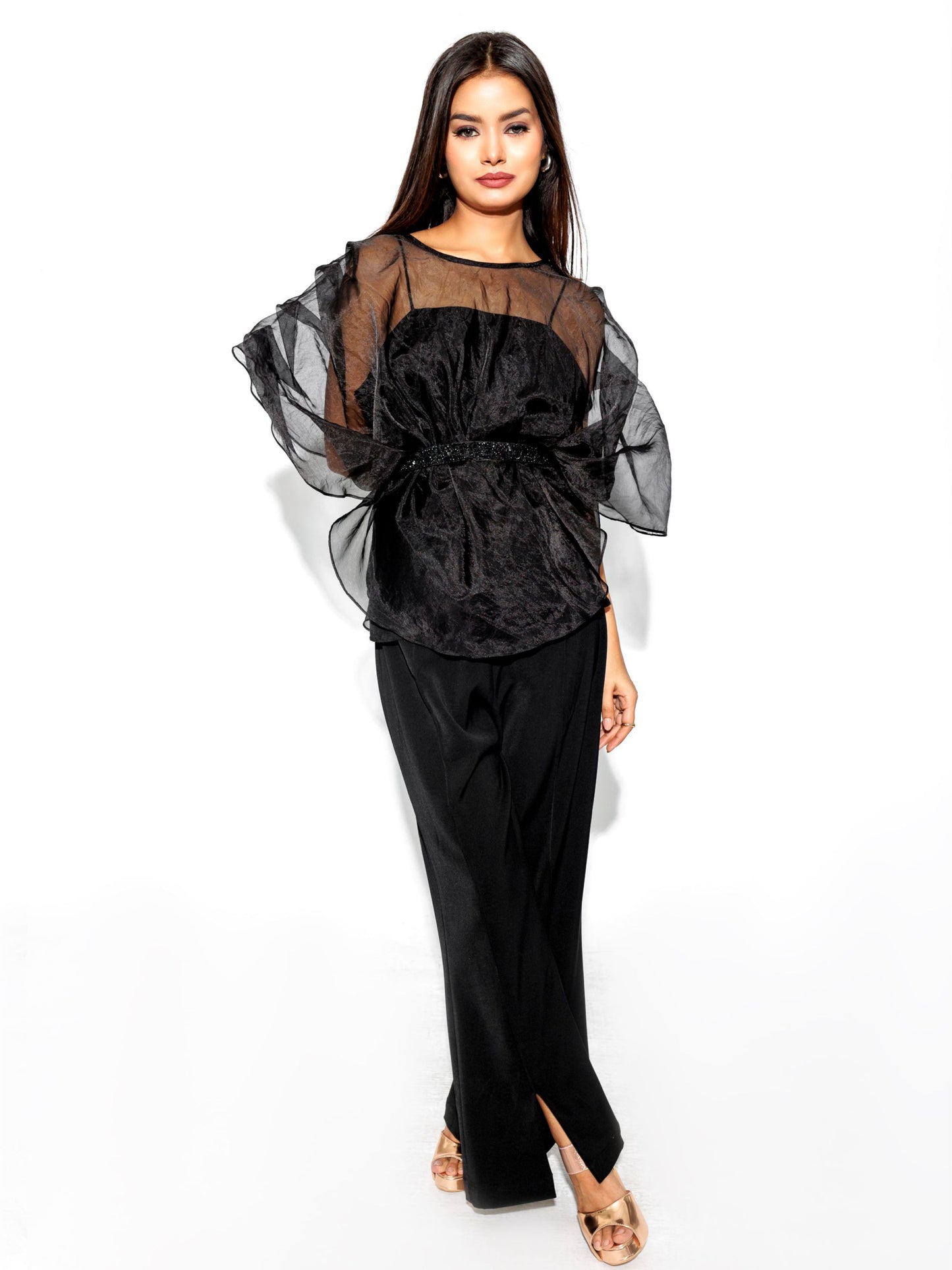 Black Cape Top Cord Set With Embroidered Belt.