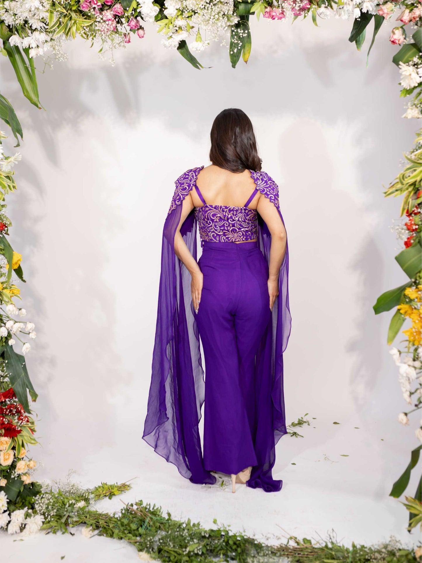 Dark Purple Cape Sleeves Pant Set