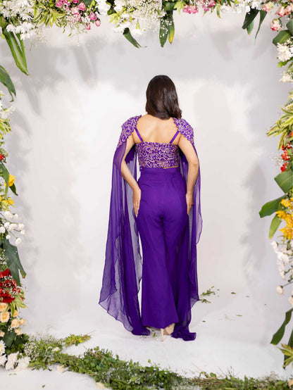 Dark Purple Cape Sleeves Pant Set