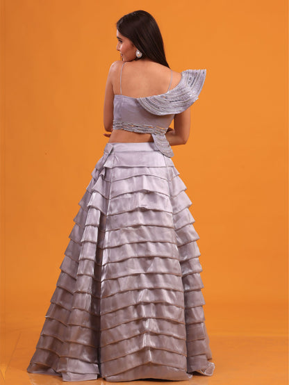 Grey Embellished Ruffle Skirt Set