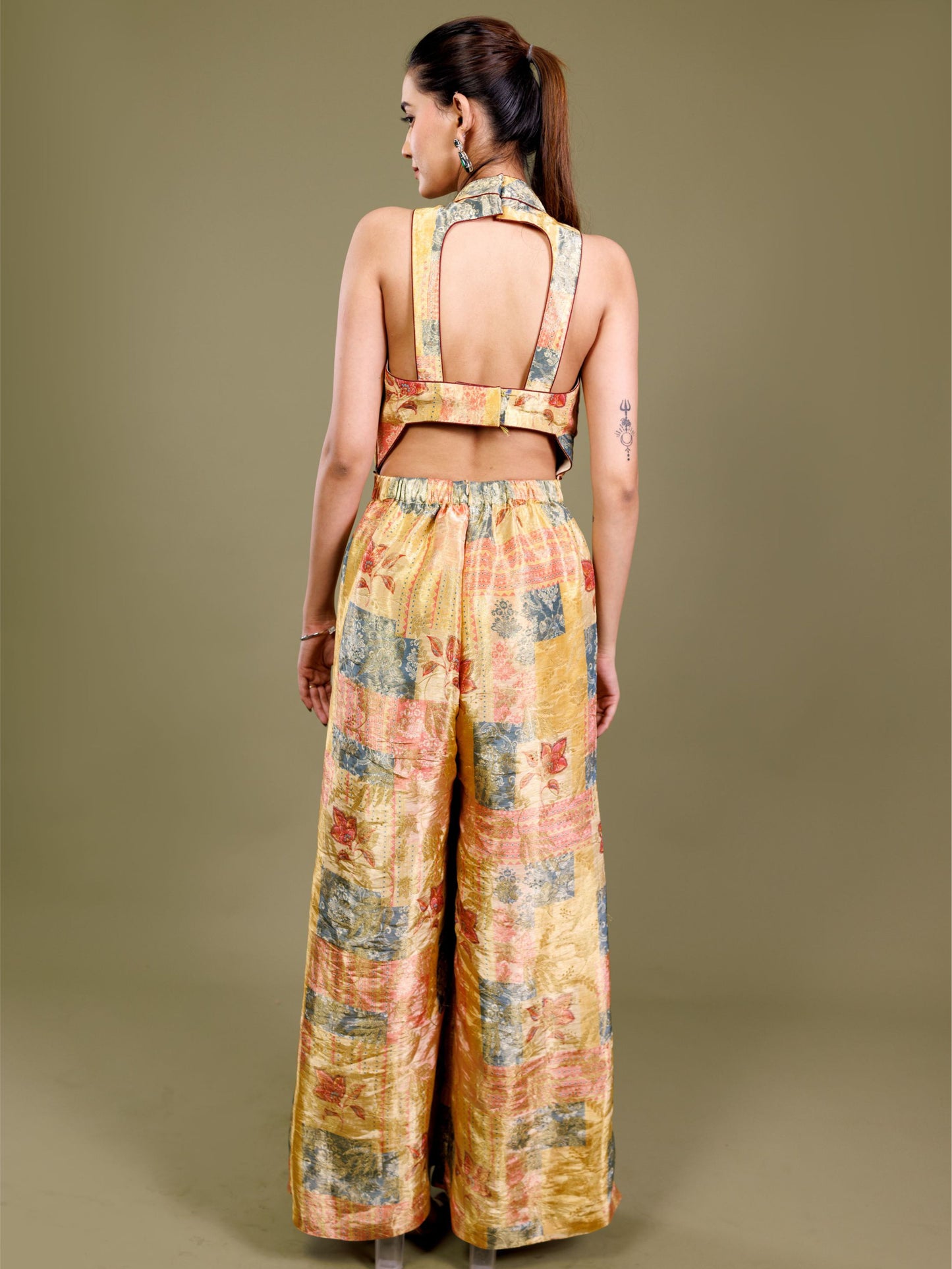 Golden Patchwork Halter Neck Jumpsuit