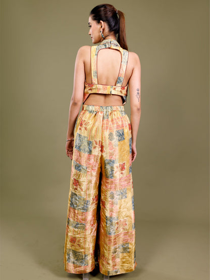 Golden Patchwork Halter Neck Jumpsuit