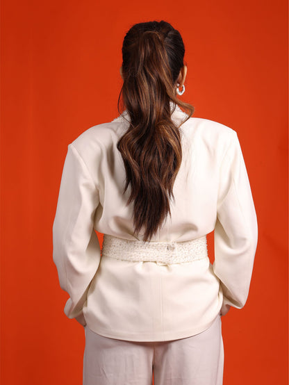 White Embellished Blazer With Belt