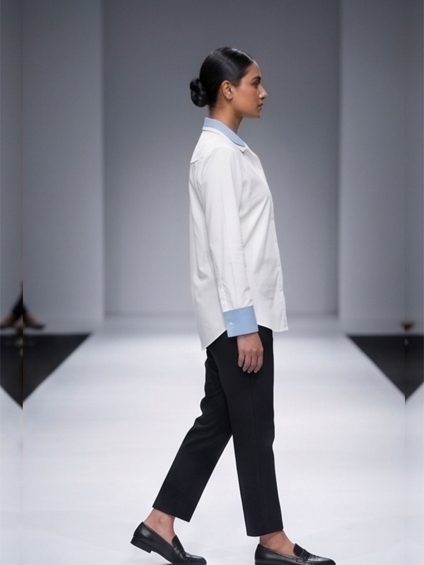 Denim Collar Pearl Work Cotton Shirt