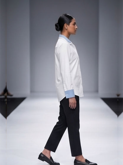 Denim Collar Pearl Work Cotton Shirt