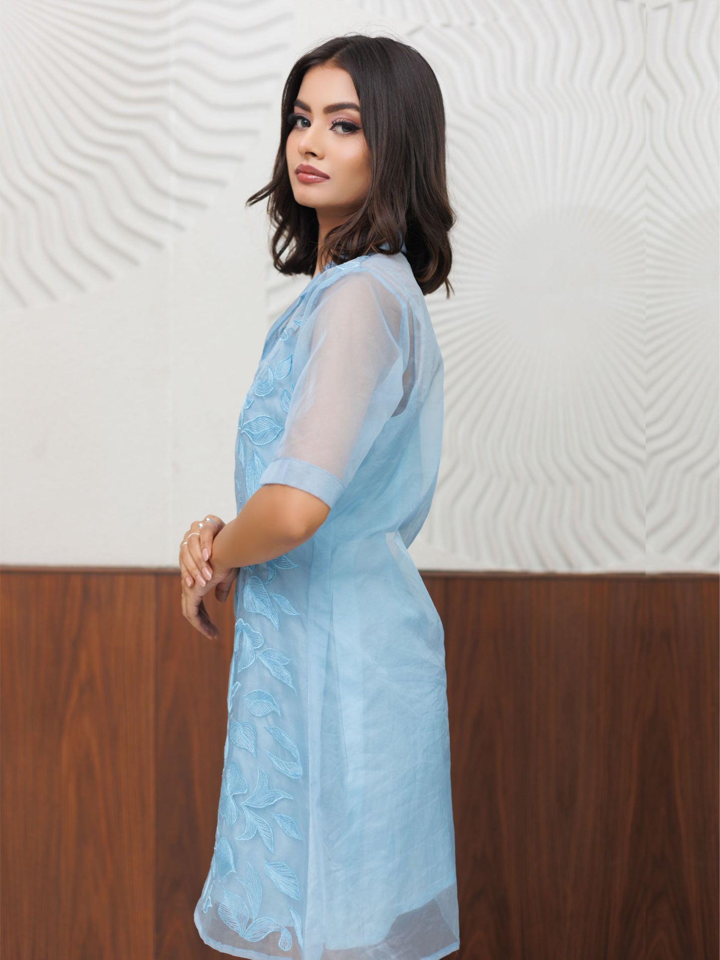 Ice Blue Thread Work Organza Dress