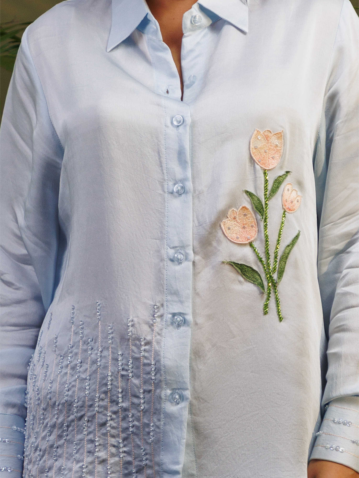 Light Blue Floral Embroidered Shirt