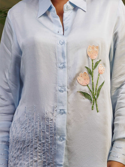 Light Blue Floral Embroidered Shirt