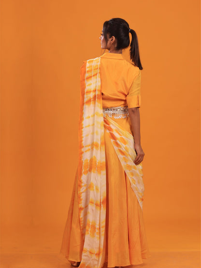 Yellow Tie-Dye Drape Gown With Belt