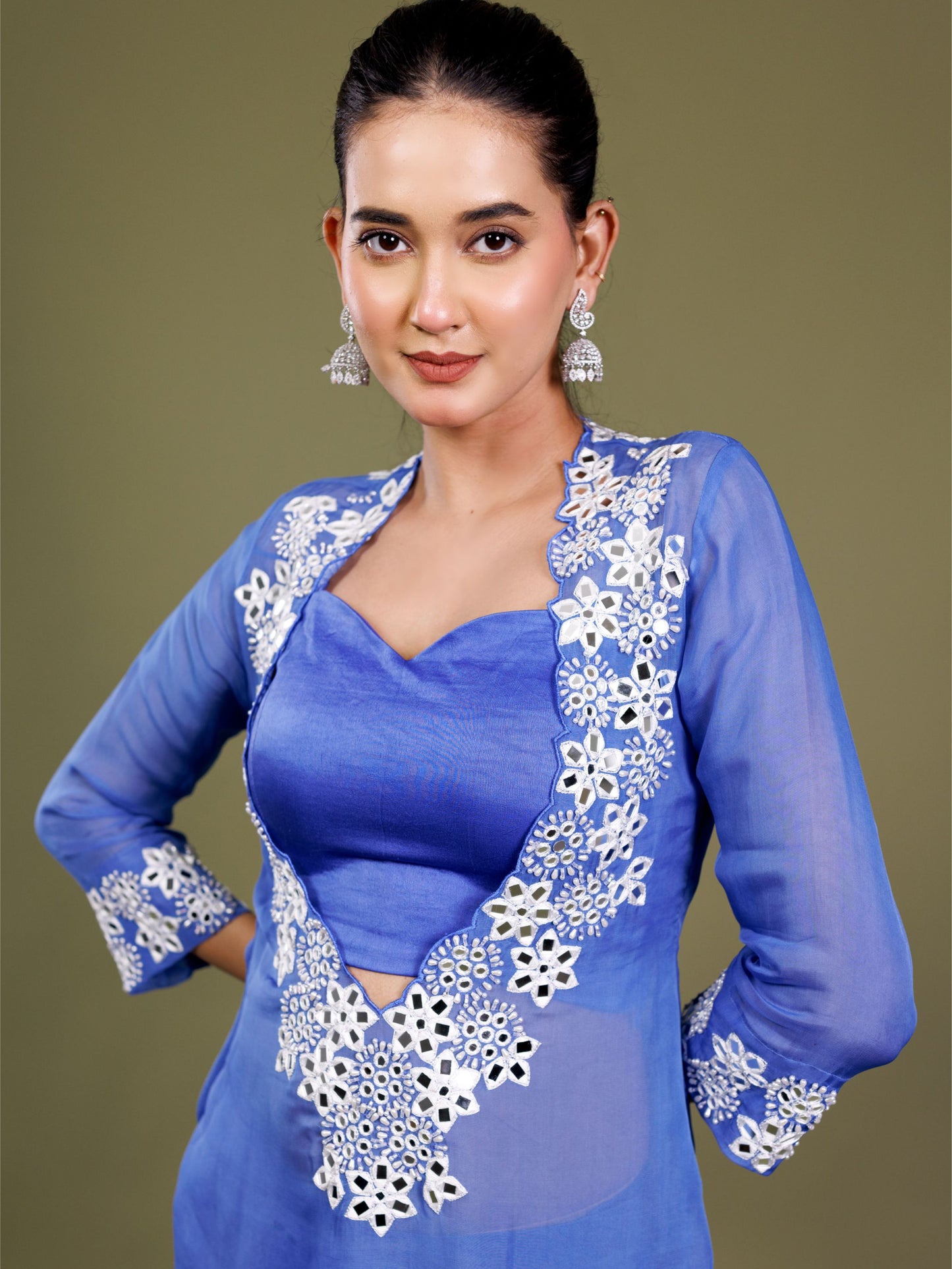 Floral Embroidery Royal Blue Kurta Set