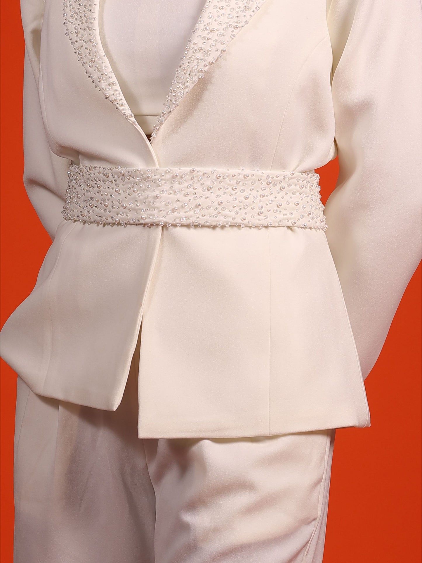 White Embellished Blazer With Belt