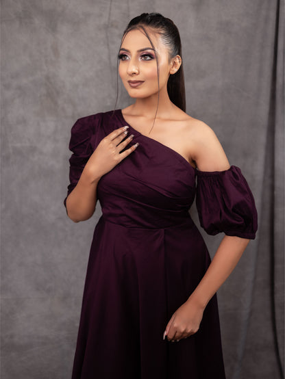 Wine One Off Shoulder Dress